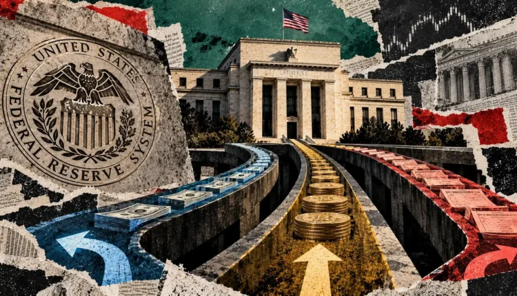 Editorial collage of three separate financial pathways carrying cash, coins, and Treasury papers toward the Federal Reserve building