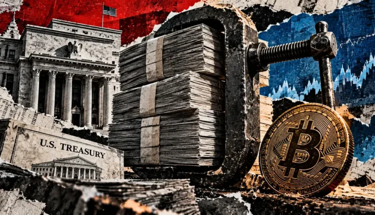 Editorial collage of bundled Treasury bills in a steel vise beside a Bitcoin symbol, Federal Reserve building, and financial charts.