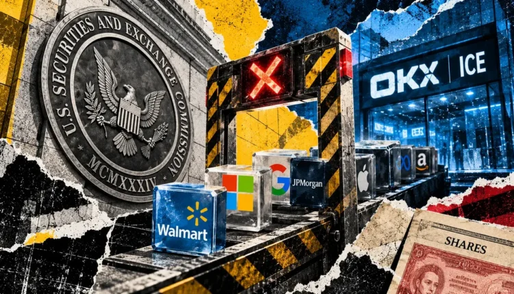 Corporate-branded stock blocks approach a restricted trading checkpoint between SEC architecture and an OKXICE venue.