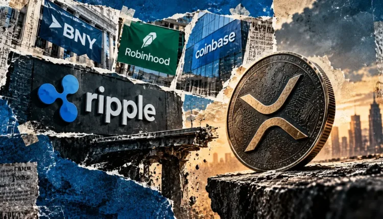 An XRP token stands across a broken bridge from Ripple and financial partners, symbolizing the uncertain connection between partnerships and token value.