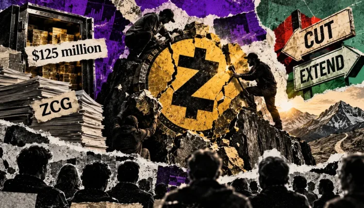 Editorial collage of workers breaking apart a Zcash monument as crowds observe, symbolizing proposals to cut or extend development funding.